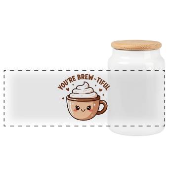 You’re Brew-tiful – Kaffee Wortspiel - Panorama Keksdose mit Holzdeckel - Weiß - Vorne