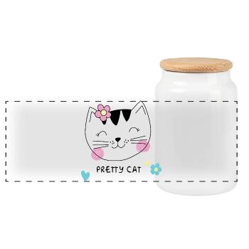 Pretty Cat – Süße Katze mit Blume für Mädchen - Panorama Keksdose mit Holzdeckel - Weiß - Vorne
