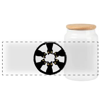 Cat Gaze Circle: Eyes from the Darkness - Panoramic Cookie Jar with Wooden Lid - white - Front