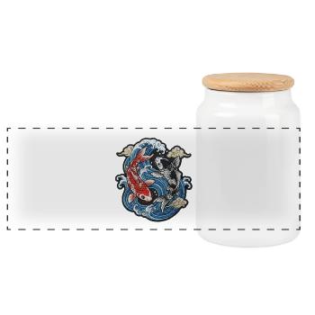 Koi en vagues : Broderie Sereni - Boîte à biscuits avec couvercle en bois - blanc - Devant