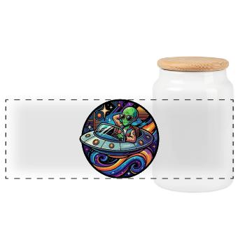 Cool Alien in Convertible UFO Neon Space Fun Motif - Panoramic Cookie Jar with Wooden Lid - white - Front