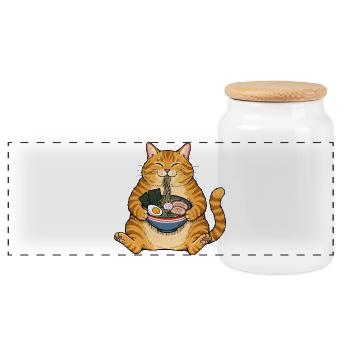 Noodle Cat - Ramen Cat Japanese Kawaii Ramen Neko - Panoramic Cookie Jar with Wooden Lid - white - Front