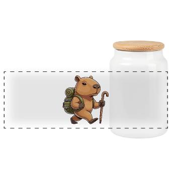 Cute Hiking Capybara Rodent Trekking Art - Panoramic Cookie Jar with Wooden Lid - white - Front