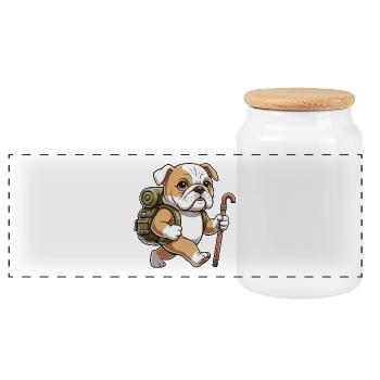 Niedliche Wander-Bulldog-Hunde-Trekkingkunst - Panorama Keksdose mit Holzdeckel - Weiß - Vorne
