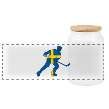Eishockeyspieler mit schwedischer Flagge - Panorama Keksdose mit Holzdeckel - Weiß - Vorne