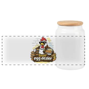 Local Egg Dealer – Cooler Hahn Bauernmarkt - Panorama Keksdose mit Holzdeckel - Weiß - Vorne