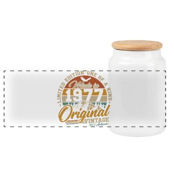 1977 Vintage Birthday Gift - Panoramic Cookie Jar with Wooden Lid - white - Front
