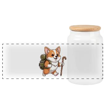 Art mignon de randonnée avec un chien corgi - Boîte à biscuits avec couvercle en bois - blanc - Devant