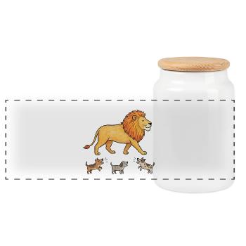 Lion Who Ignores Dog Barking - Panoramic Cookie Jar with Wooden Lid - white - Front
