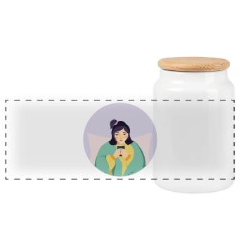 Pastellmüdes Mädchen mit Tee in gemütlicher Ecke - Panorama Keksdose mit Holzdeckel - Weiß - Vorne