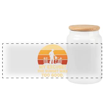 Gardener in the sun: apologies accepted - Panoramic Cookie Jar with Wooden Lid - white - Front