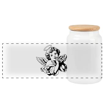Pizza Angel – Cherub with pizza slice - Panoramic Cookie Jar with Wooden Lid - white - Front