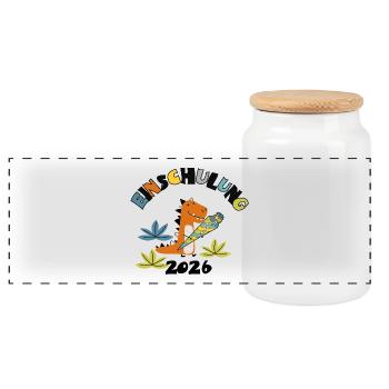 Einschulung 2026 - Dino mit Schultüte - Panorama Keksdose mit Holzdeckel - Weiß - Vorne