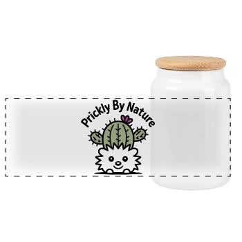 Cactus hedgehog with flower - Panoramic Cookie Jar with Wooden Lid - white - Front