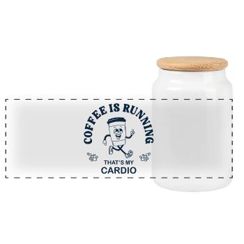 Coffee Is Running – Funny Coffee Sports Saying - Panoramic Cookie Jar with Wooden Lid - white - Front