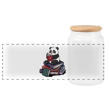 Bookworm Panda Bear Reading Books Art - Panoramic Cookie Jar with Wooden Lid - white - Front