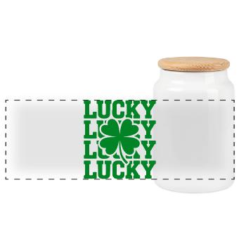 Lucky Clover Typography - Panoramic Cookie Jar with Wooden Lid - white - Front