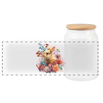 Bunny Rabbit Flowers Floral - Panoramic Cookie Jar with Wooden Lid - white - Front
