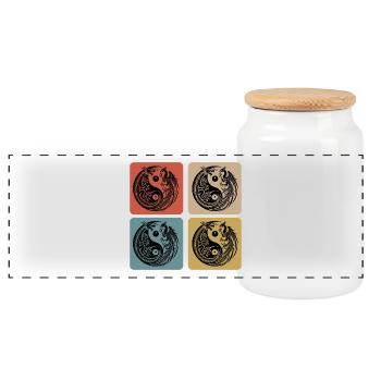Yin Yang Dragon and Phoenix - Panoramic Cookie Jar with Wooden Lid - white - Front