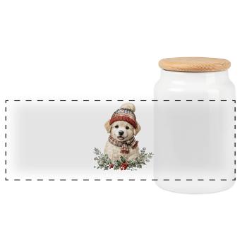 Winter Paw Dog with Hat - Panoramic Cookie Jar with Wooden Lid - white - Front