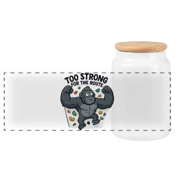 Bouldering Shirt Funny – Gorilla "Too Strong" - Panoramic Cookie Jar with Wooden Lid - white - Front