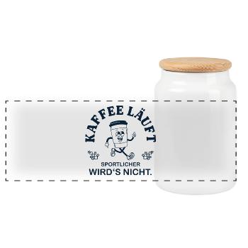 Kaffee läuft – Sportlicher wird’s nicht Vintage - Panorama Keksdose mit Holzdeckel - Weiß - Vorne