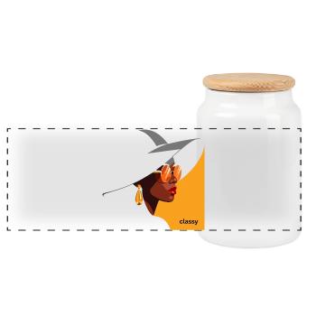 Elegant woman with hat and sunglasses - Panoramic Cookie Jar with Wooden Lid - white - Front