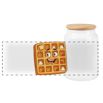 Happy Waffle Face Cartoon - Panoramic Cookie Jar with Wooden Lid - white - Front