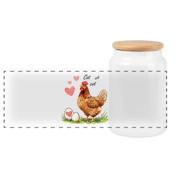 Heart Hen and Watercolor Eggs - Panoramic Cookie Jar with Wooden Lid - white - Front
