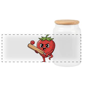 Angry Strawberry Playing Cricket Cartoon - Panoramic Cookie Jar with Wooden Lid - white - Front