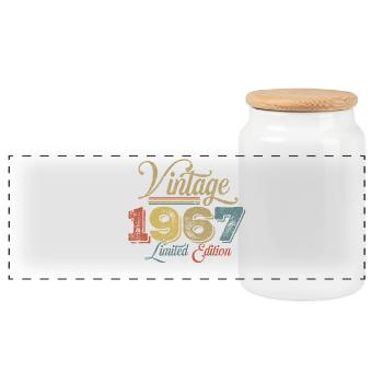 Vintage 1967 - Panoramic Cookie Jar with Wooden Lid - white - Front