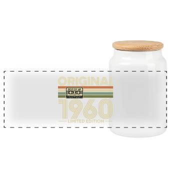 Original 1960s Limited Edition Cassette - Panoramic Cookie Jar with Wooden Lid - white - Front