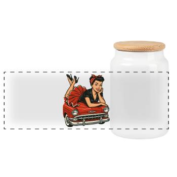 Femme pin-up sur une voiture vintage : look rétro rockabilly - Boîte à biscuits avec couvercle en bois - blanc - Devant