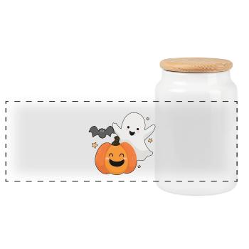 Fun ghost, pumpkin and bat - Panoramic Cookie Jar with Wooden Lid - white - Front