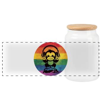 Rainbow DJ Monkey – Signe de la main rock casque - Boîte à biscuits avec couvercle en bois - blanc - Devant