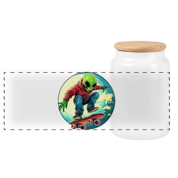 Skater Alien / Skateboarder - Panorama Keksdose mit Holzdeckel - Weiß - Vorne
