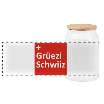 Grüezi - Hopp Schwiiz - Schweiz - Switzerland - Panoramic Cookie Jar with Wooden Lid - white - Front