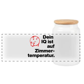 DEIN IQ IST AUF ZIMMER-TEMPERATUR. SARKASMUS FRECH - Panorama Keksdose mit Holzdeckel - Weiß - Vorne
