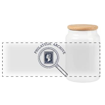 Stamp Archive Emblem Magnifier - Panoramic Cookie Jar with Wooden Lid - white - Front