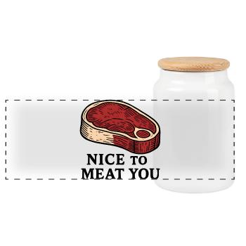 Nice to Meat You Steak Design - Panoramic Cookie Jar with Wooden Lid - white - Front