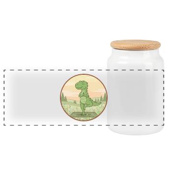 Yoga T-Rex Dinosaur Doing Tree Pose - Panoramic Cookie Jar with Wooden Lid - white - Front