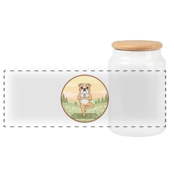 Yoga Bulldog Dog Doing Tree Pose Art - Panoramic Cookie Jar with Wooden Lid - white - Front