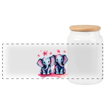 Pastel Elephants with Flowers - Panoramic Cookie Jar with Wooden Lid - white - Front