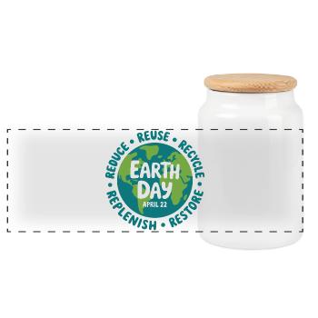 Earth Day Emblem: Reduzieren Sie Wiederverwendung und Recycling - Panorama Keksdose mit Holzdeckel - Weiß - Vorne