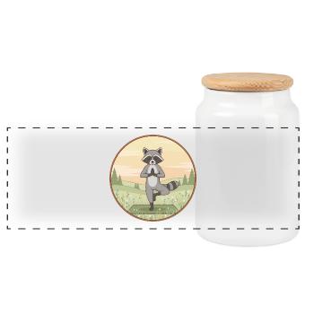 Yoga Raccoon Animal Doing Tree Pose - Panoramic Cookie Jar with Wooden Lid - white - Front