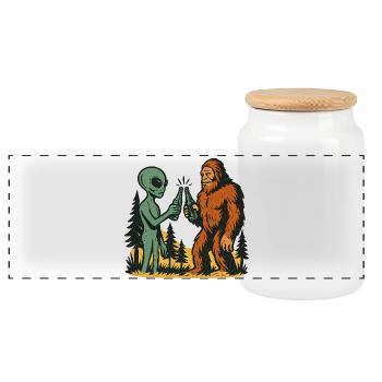 Alien Abduction Bigfoot Loch Ness Funny UFO - Panoramic Cookie Jar with Wooden Lid - white - Front