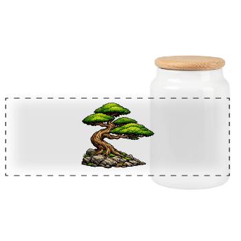Bonsai Tree Illustration – Zen Design for Naturlie - Panoramic Cookie Jar with Wooden Lid - white - Front