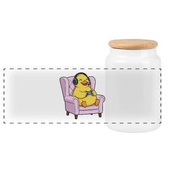 Gamer Duck Bird Playing Video Games Art - Panoramic Cookie Jar with Wooden Lid - white - Front