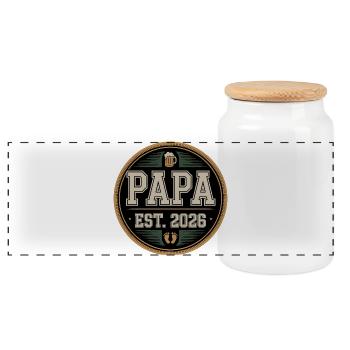 Papa Est. 2026 Father's Day Gift Expectant Dad Bi - Panoramic Cookie Jar with Wooden Lid - white - Front
