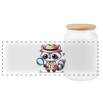 Detektiv-Raccoon im Trenchcoat - Panorama Keksdose mit Holzdeckel - Weiß - Vorne